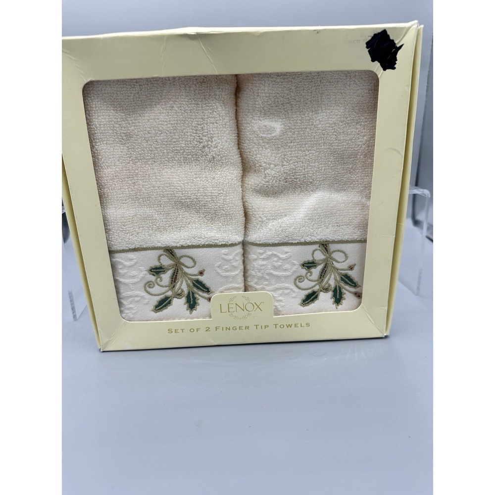 Lenox Set of 2 Ribbon & Holly Finger Tip Towels Ivory NEW